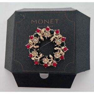 Monet Christmas Wreath Brooch Red Green Rhinestones Gold Tone Metal Floral